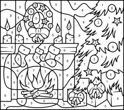 Christmas Fireplace - Printable Color by Number Page - Hard