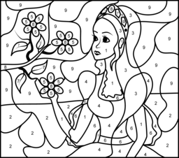 Princess and Flowers - Online Color by Number Page - Hard